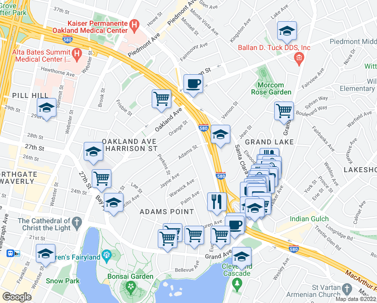 map of restaurants, bars, coffee shops, grocery stores, and more near Euclid Ave & Adams St in Oakland