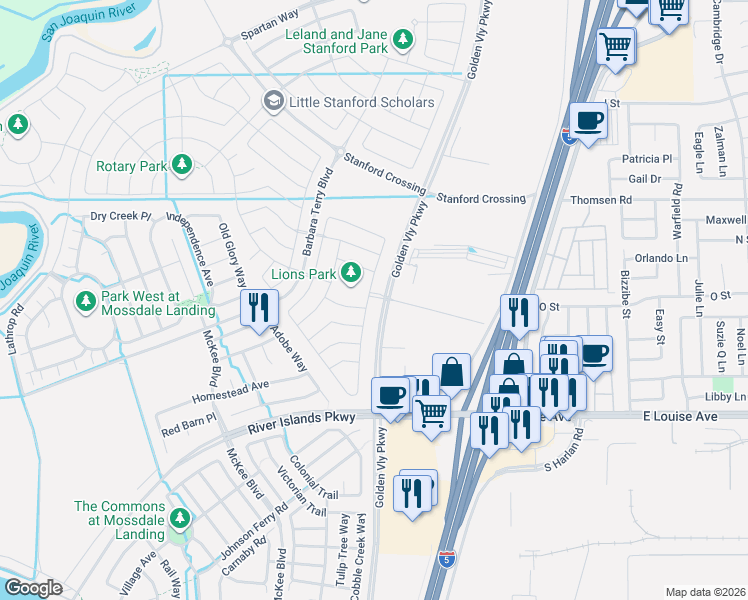 map of restaurants, bars, coffee shops, grocery stores, and more near 16101 Golden Valley Parkway in Lathrop