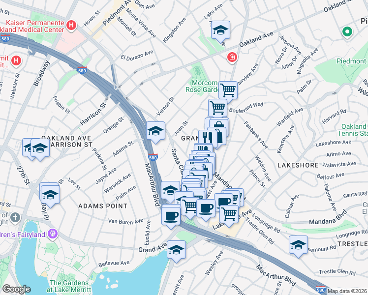 map of restaurants, bars, coffee shops, grocery stores, and more near in Oakland