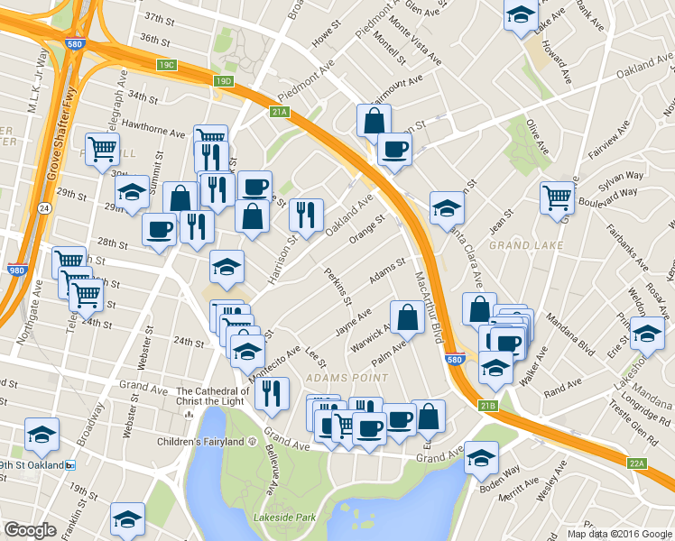 map of restaurants, bars, coffee shops, grocery stores, and more near in Oakland