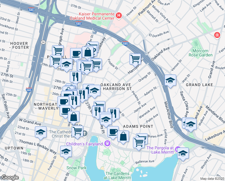 map of restaurants, bars, coffee shops, grocery stores, and more near in Oakland