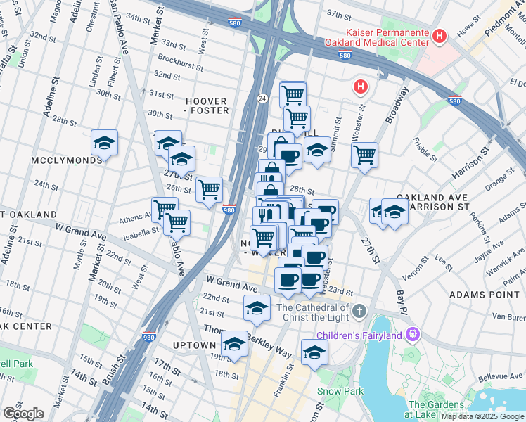 map of restaurants, bars, coffee shops, grocery stores, and more near 541 Sycamore Street in Oakland