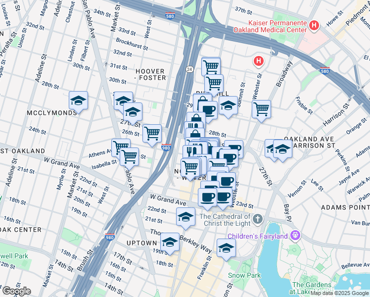 map of restaurants, bars, coffee shops, grocery stores, and more near 541 Sycamore Street in Oakland