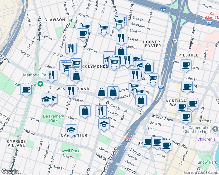 map of restaurants, bars, coffee shops, grocery stores, and more near in Oakland