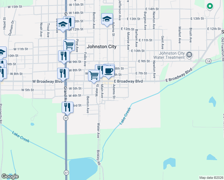map of restaurants, bars, coffee shops, grocery stores, and more near 200-298 East 4th Street in Johnston City