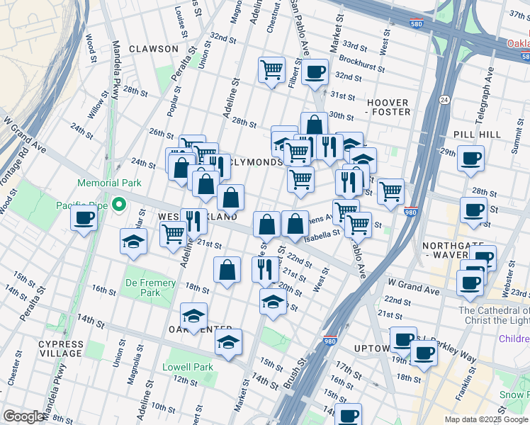 map of restaurants, bars, coffee shops, grocery stores, and more near 956 West Grand Avenue in Oakland