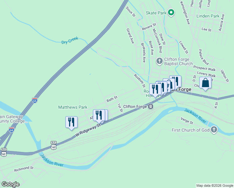 map of restaurants, bars, coffee shops, grocery stores, and more near 115 1st Street in Clifton Forge