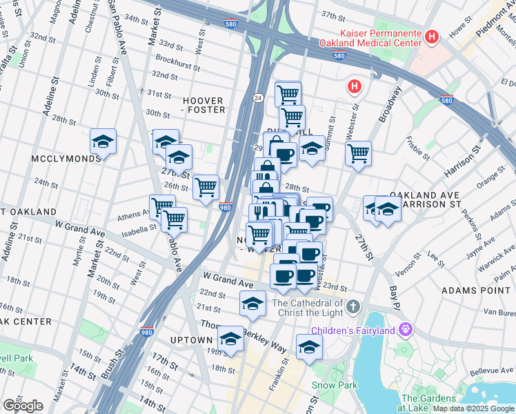 map of restaurants, bars, coffee shops, grocery stores, and more near 2633 Telegraph Avenue in Oakland