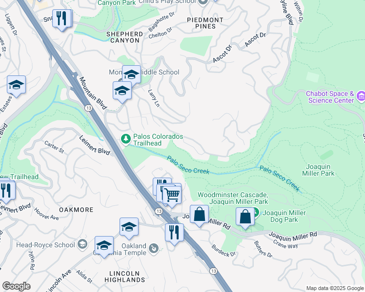 map of restaurants, bars, coffee shops, grocery stores, and more near 25 Castle Park Way in Oakland