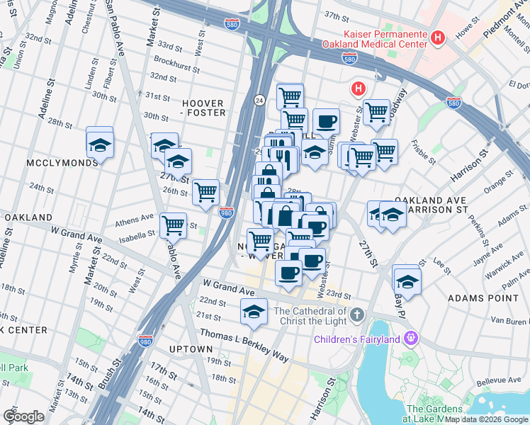 map of restaurants, bars, coffee shops, grocery stores, and more near 2633 Telegraph Avenue in Oakland
