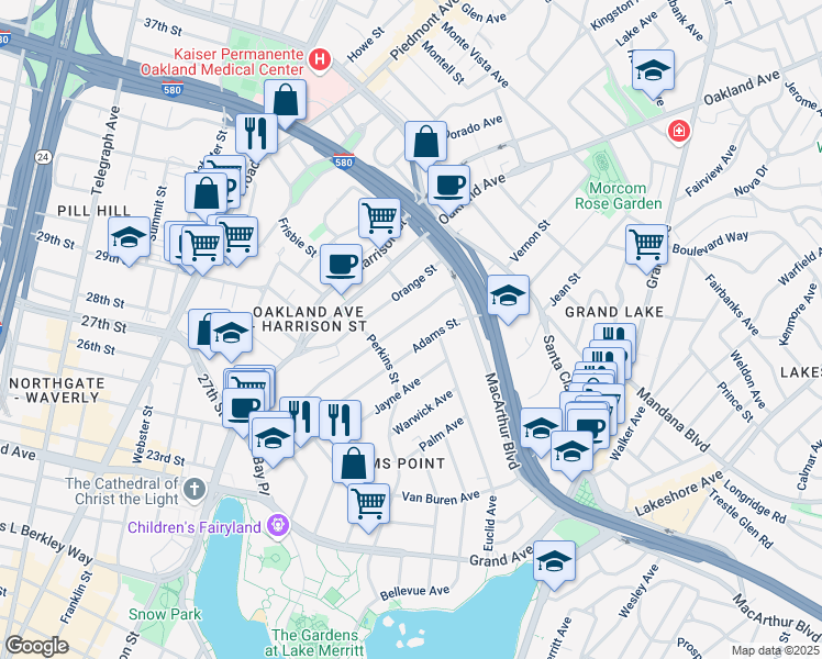 map of restaurants, bars, coffee shops, grocery stores, and more near in Piedmont