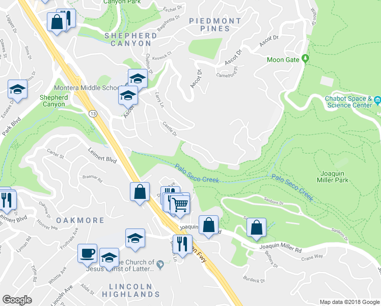 map of restaurants, bars, coffee shops, grocery stores, and more near 25 Castle Park Way in Oakland