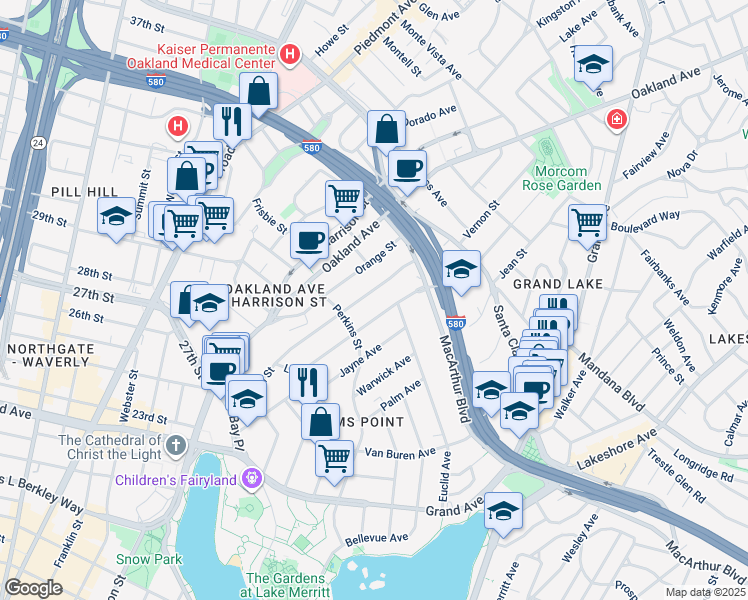 map of restaurants, bars, coffee shops, grocery stores, and more near 360 Vernon Street in Oakland