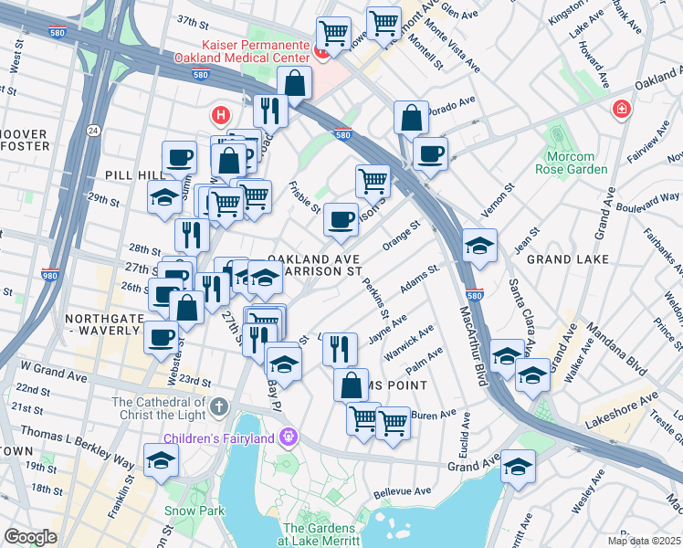 map of restaurants, bars, coffee shops, grocery stores, and more near in Oakland