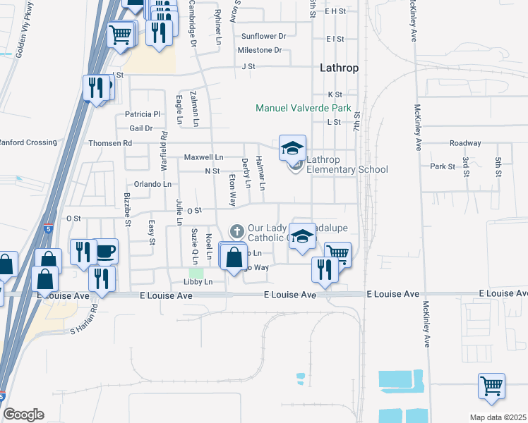 map of restaurants, bars, coffee shops, grocery stores, and more near 16036 Halmar Lane in Lathrop