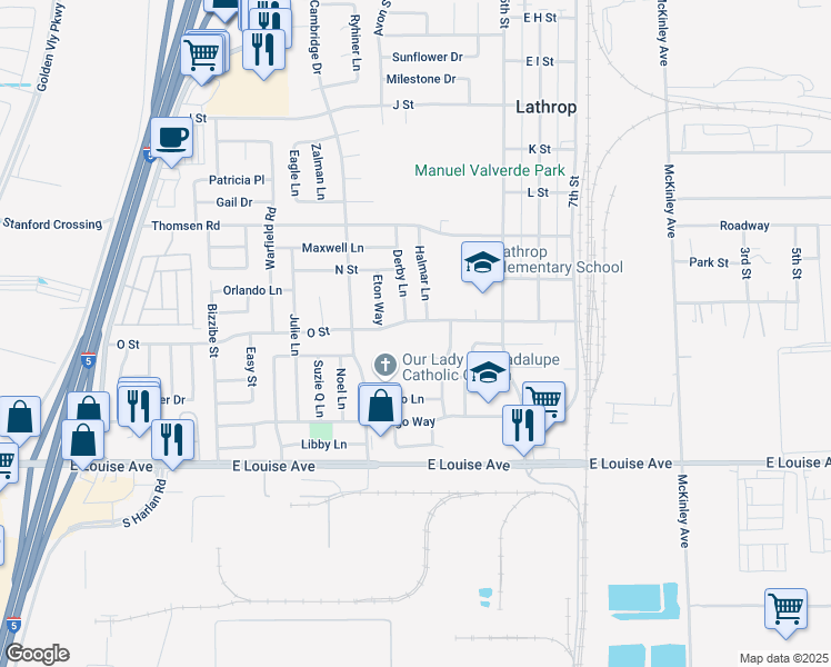 map of restaurants, bars, coffee shops, grocery stores, and more near 16036 Halmar Lane in Lathrop