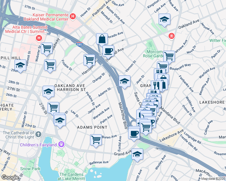 map of restaurants, bars, coffee shops, grocery stores, and more near 438 Vernon Street in Oakland