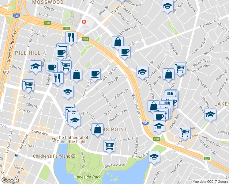 map of restaurants, bars, coffee shops, grocery stores, and more near in Oakland