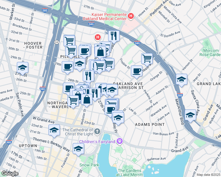 map of restaurants, bars, coffee shops, grocery stores, and more near in Oakland