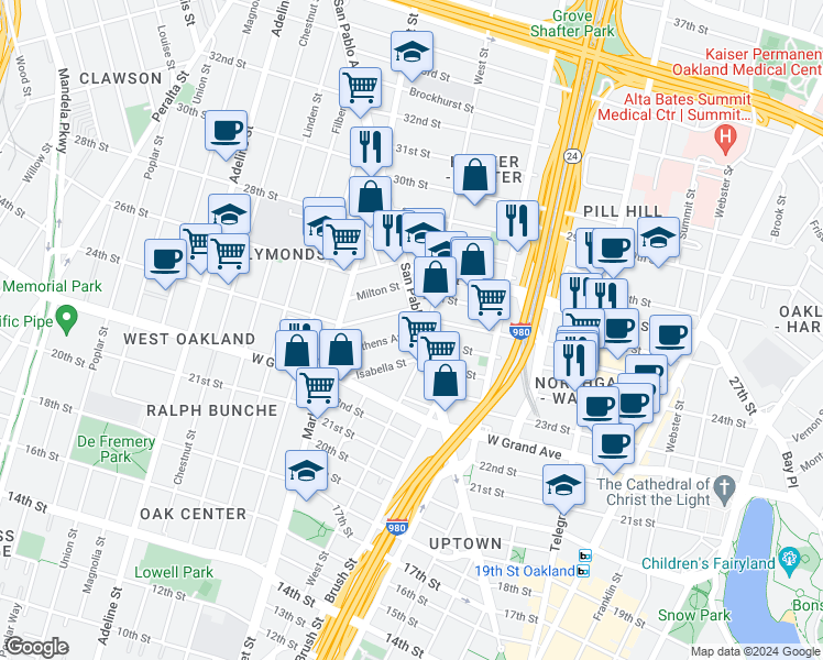 map of restaurants, bars, coffee shops, grocery stores, and more near 2 San Pablo Avenue in Oakland