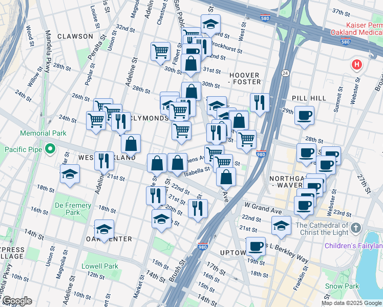 map of restaurants, bars, coffee shops, grocery stores, and more near 879 Milton Street in Oakland