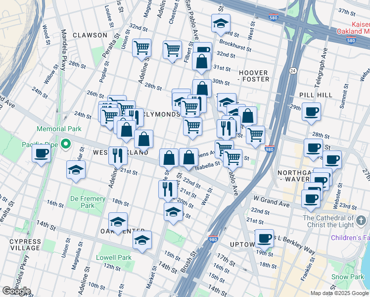 map of restaurants, bars, coffee shops, grocery stores, and more near 2424 Myrtle Street in Oakland