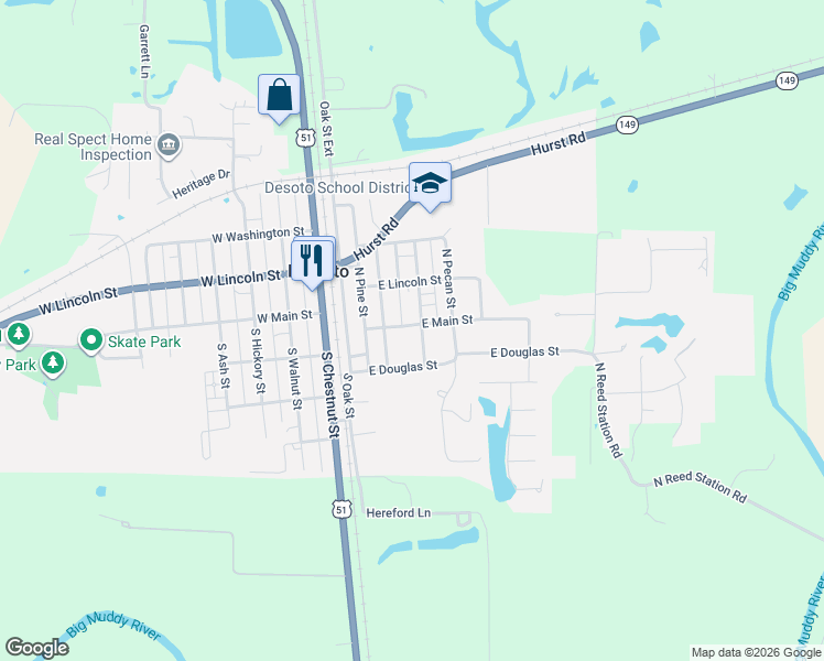 map of restaurants, bars, coffee shops, grocery stores, and more near 100-106 North Poplar Street in De Soto