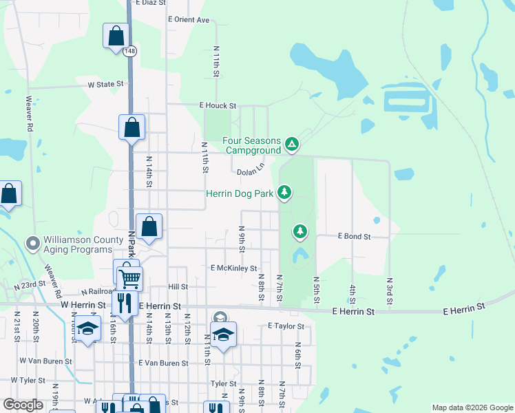 map of restaurants, bars, coffee shops, grocery stores, and more near 1401-1599 North 7th Street in Herrin