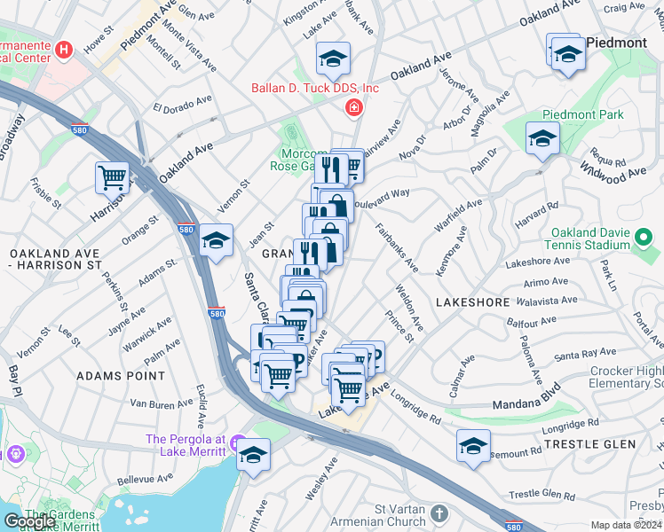 map of restaurants, bars, coffee shops, grocery stores, and more near 3648 Grand Avenue in Oakland