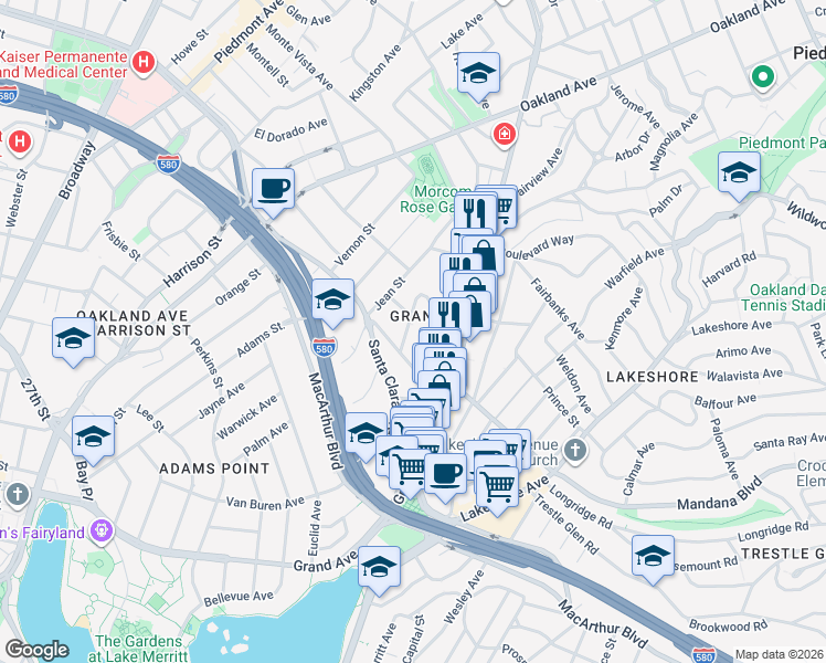 map of restaurants, bars, coffee shops, grocery stores, and more near 534 Mira Vista Avenue in Oakland
