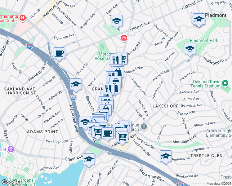 map of restaurants, bars, coffee shops, grocery stores, and more near 3648 Grand Avenue in Oakland
