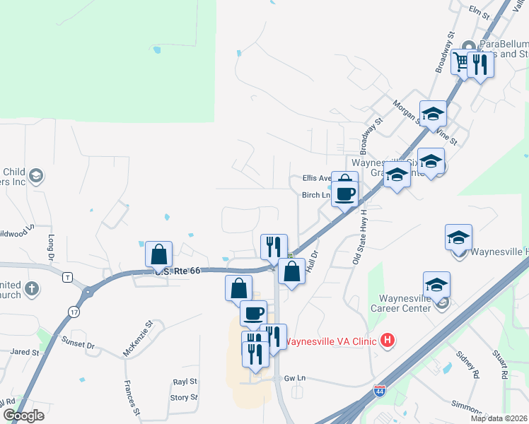 map of restaurants, bars, coffee shops, grocery stores, and more near 212 Tremont Drive in Waynesville