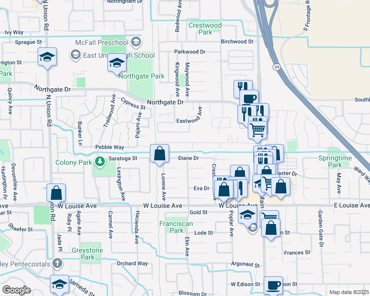 map of restaurants, bars, coffee shops, grocery stores, and more near 521 Joseph Road in Manteca