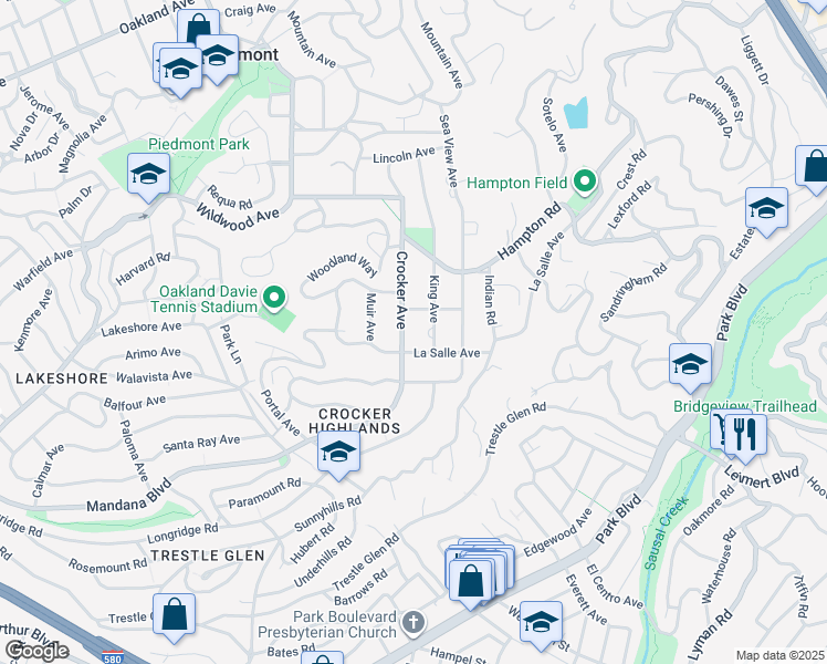 map of restaurants, bars, coffee shops, grocery stores, and more near 44 Farragut Avenue in Piedmont