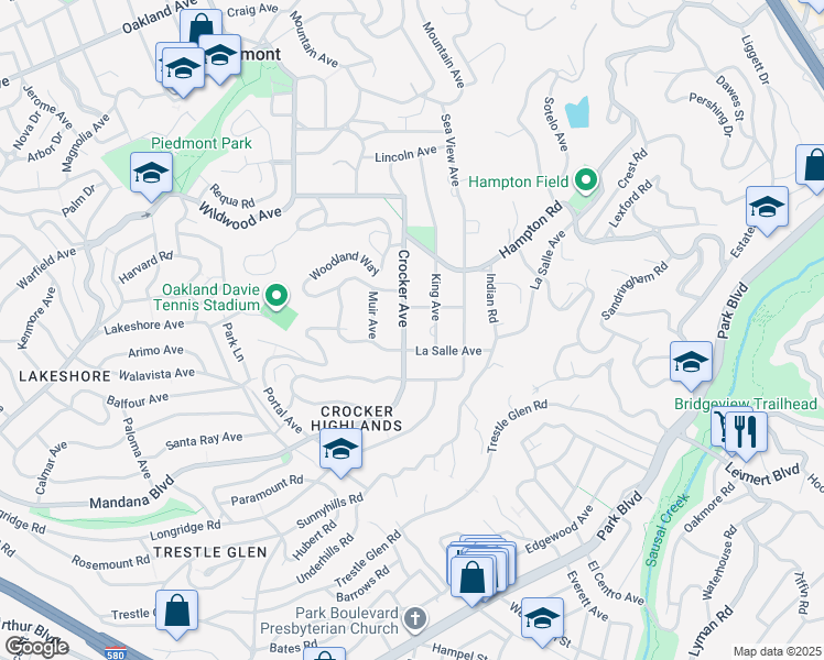 map of restaurants, bars, coffee shops, grocery stores, and more near 44 Farragut Avenue in Piedmont