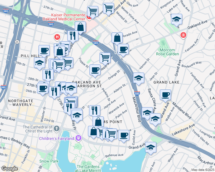 map of restaurants, bars, coffee shops, grocery stores, and more near 377 Orange Street in Oakland