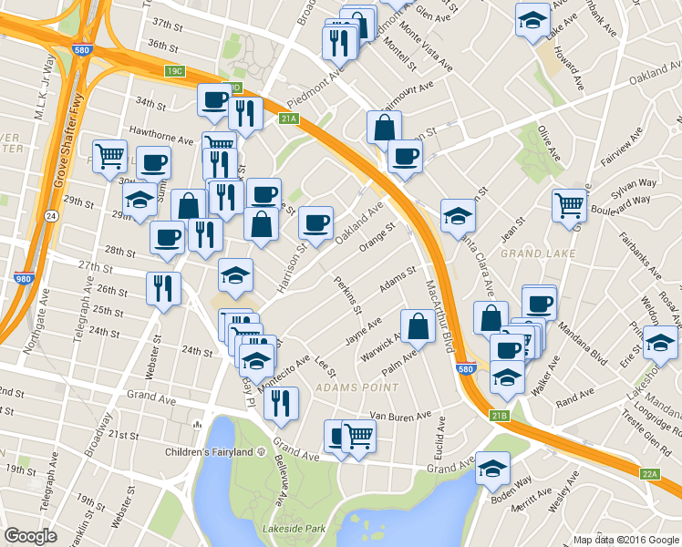 map of restaurants, bars, coffee shops, grocery stores, and more near 377 Orange Street in Oakland