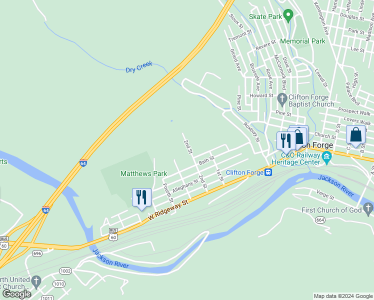 map of restaurants, bars, coffee shops, grocery stores, and more near 200 Highland Street in Clifton Forge