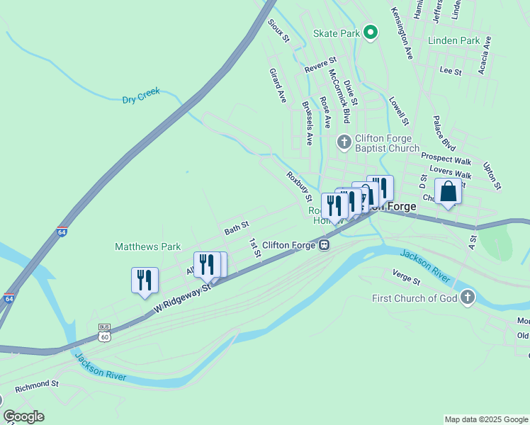 map of restaurants, bars, coffee shops, grocery stores, and more near 44 Bath Street in Clifton Forge