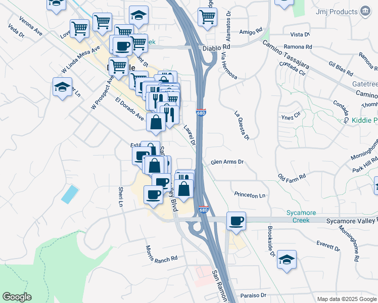 map of restaurants, bars, coffee shops, grocery stores, and more near 86 Laurel Drive in Danville