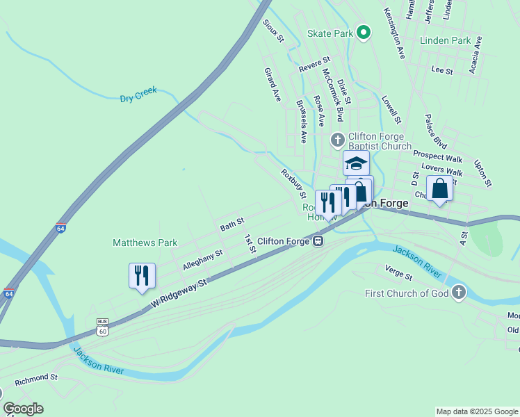 map of restaurants, bars, coffee shops, grocery stores, and more near 44 Bath Street in Clifton Forge