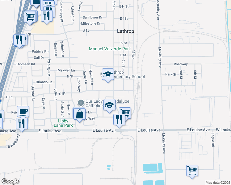 map of restaurants, bars, coffee shops, grocery stores, and more near 16100 5th Street in Lathrop