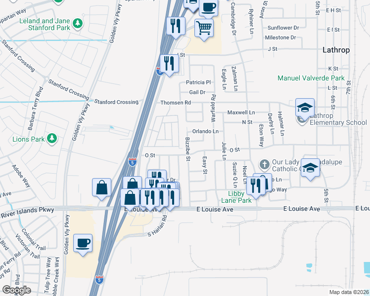map of restaurants, bars, coffee shops, grocery stores, and more near 16059 Bizzibe Street in Lathrop