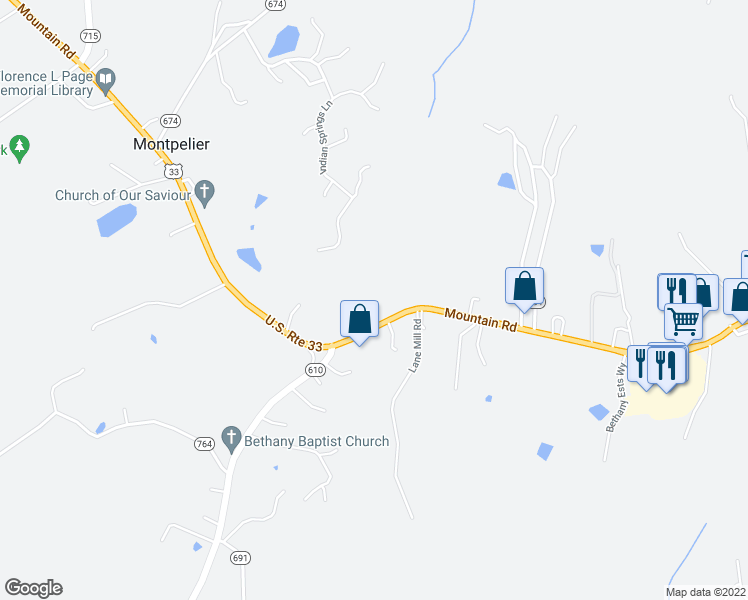 map of restaurants, bars, coffee shops, grocery stores, and more near 16814 Mountain Road in Montpelier