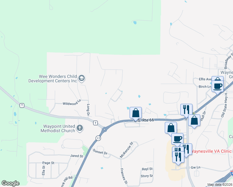 map of restaurants, bars, coffee shops, grocery stores, and more near 220 Settlers Pass in Waynesville