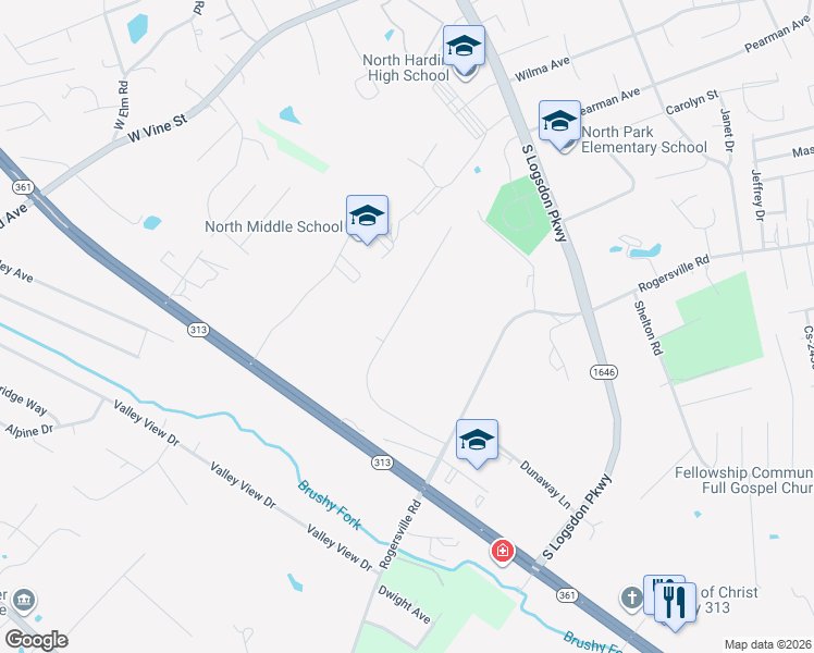 map of restaurants, bars, coffee shops, grocery stores, and more near 533 Rose Creek Drive in Radcliff