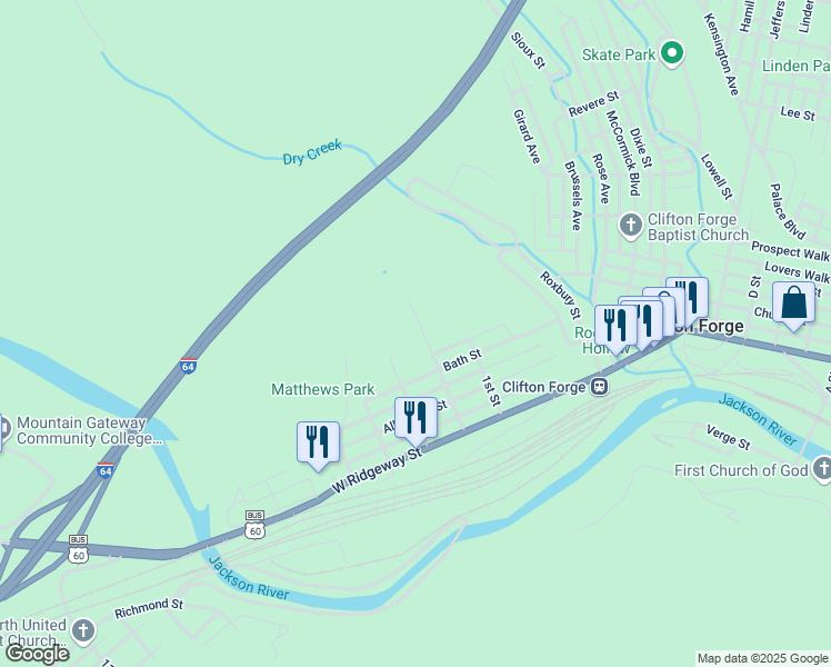map of restaurants, bars, coffee shops, grocery stores, and more near 200 Highland Street in Clifton Forge