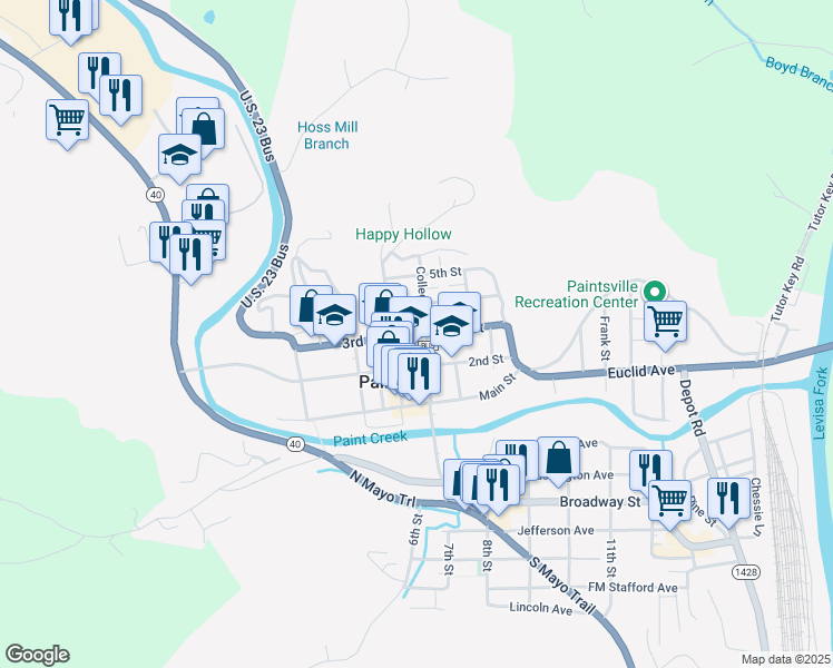 map of restaurants, bars, coffee shops, grocery stores, and more near 315 3rd Street in Paintsville
