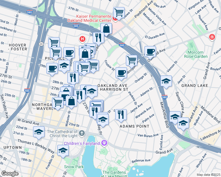 map of restaurants, bars, coffee shops, grocery stores, and more near in Oakland