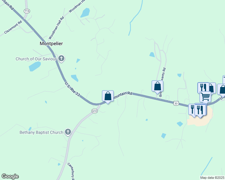 map of restaurants, bars, coffee shops, grocery stores, and more near 16814 Mountain Road in Montpelier
